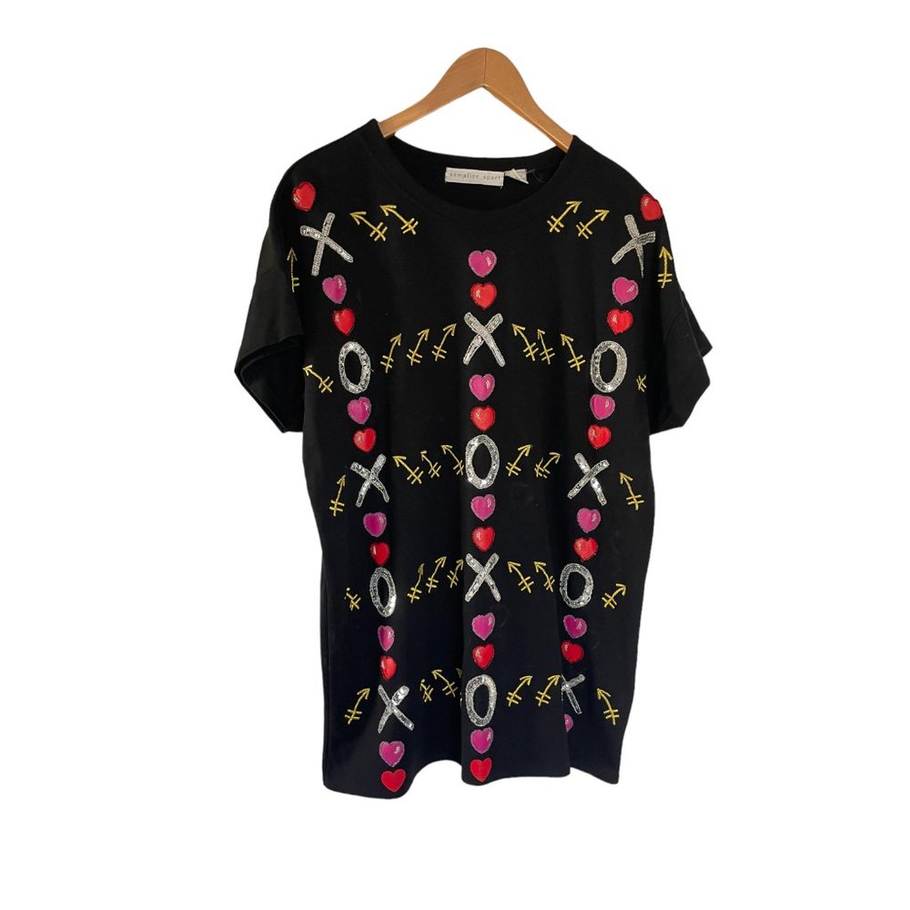 Vintage 80s 90s Semplice Sport Valentine's Day T Shirt Large L Black Hearts XOXO